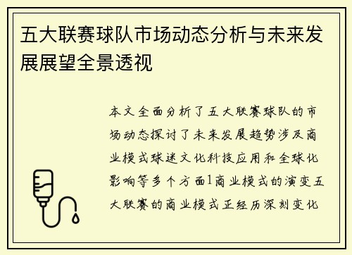 五大联赛球队市场动态分析与未来发展展望全景透视